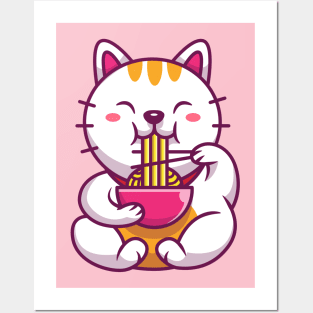 Cute Cat Eating Noodle With Chopstick Cartoon Posters and Art